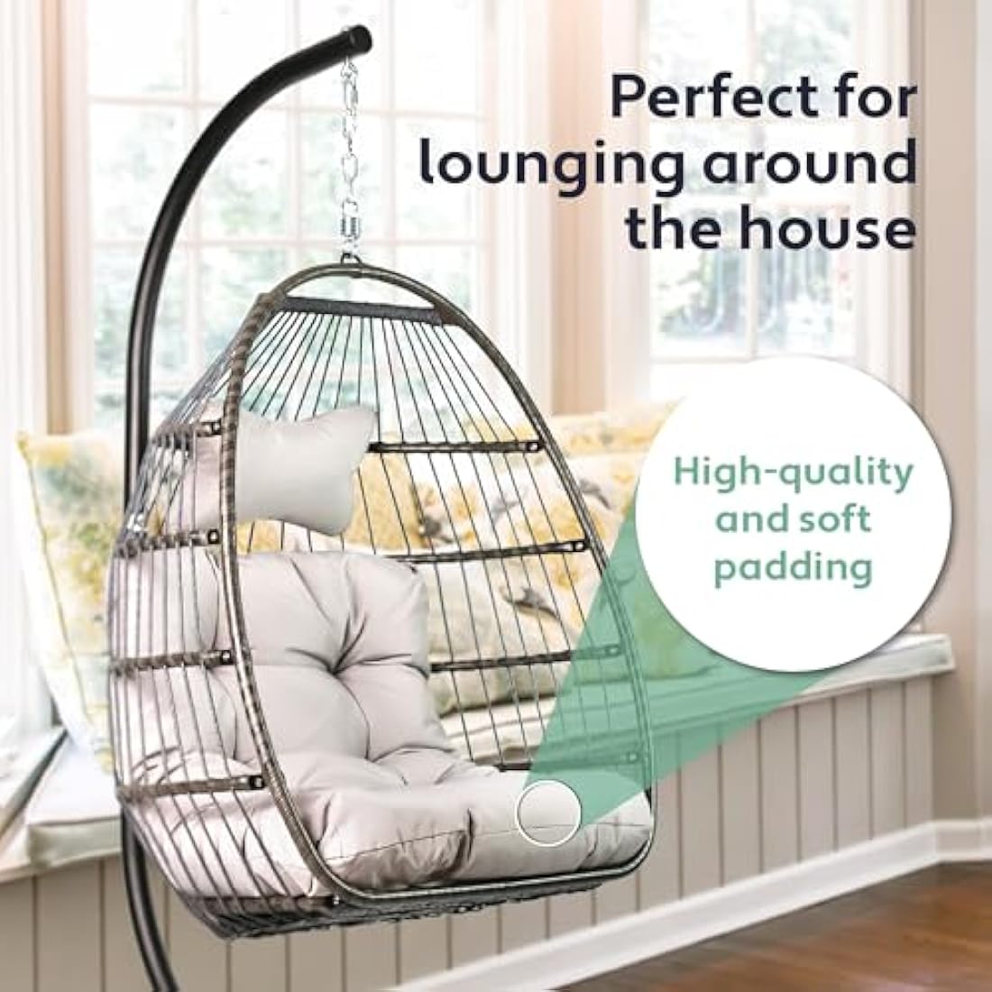 Vita5 Hanging Egg Chair Indoor&Outdoor - Swing Chair with Frame Polyrattan with Cushion - Hanging Chair Outdoor and Indoor - Foldable Hammock Chair - Maximum Load 150kg - Light grey
