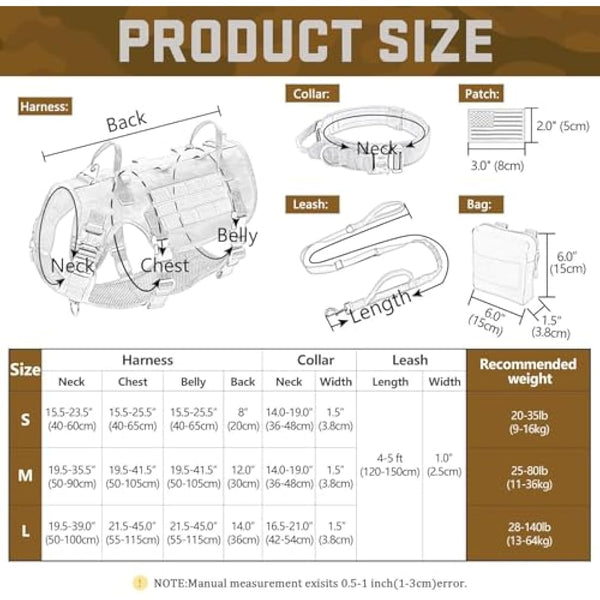 Forestpaw Tactical Dog Vest Harness & Military Dog Collar w/ Bungee Leash Set - No Pull Control - Backpack - Coyote Brown M/L