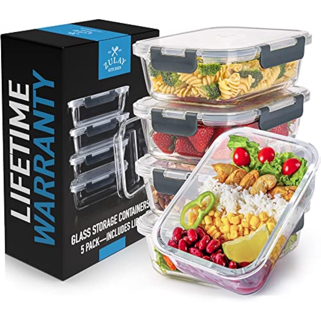 Zulay Kitchen 5 Pack Leak-Proof Glass Food Storage Containers - 36 oz Thick & Durable Glass Meal Prep Containers - Airtight Easy to Clean Glass Storage Containers With Lids