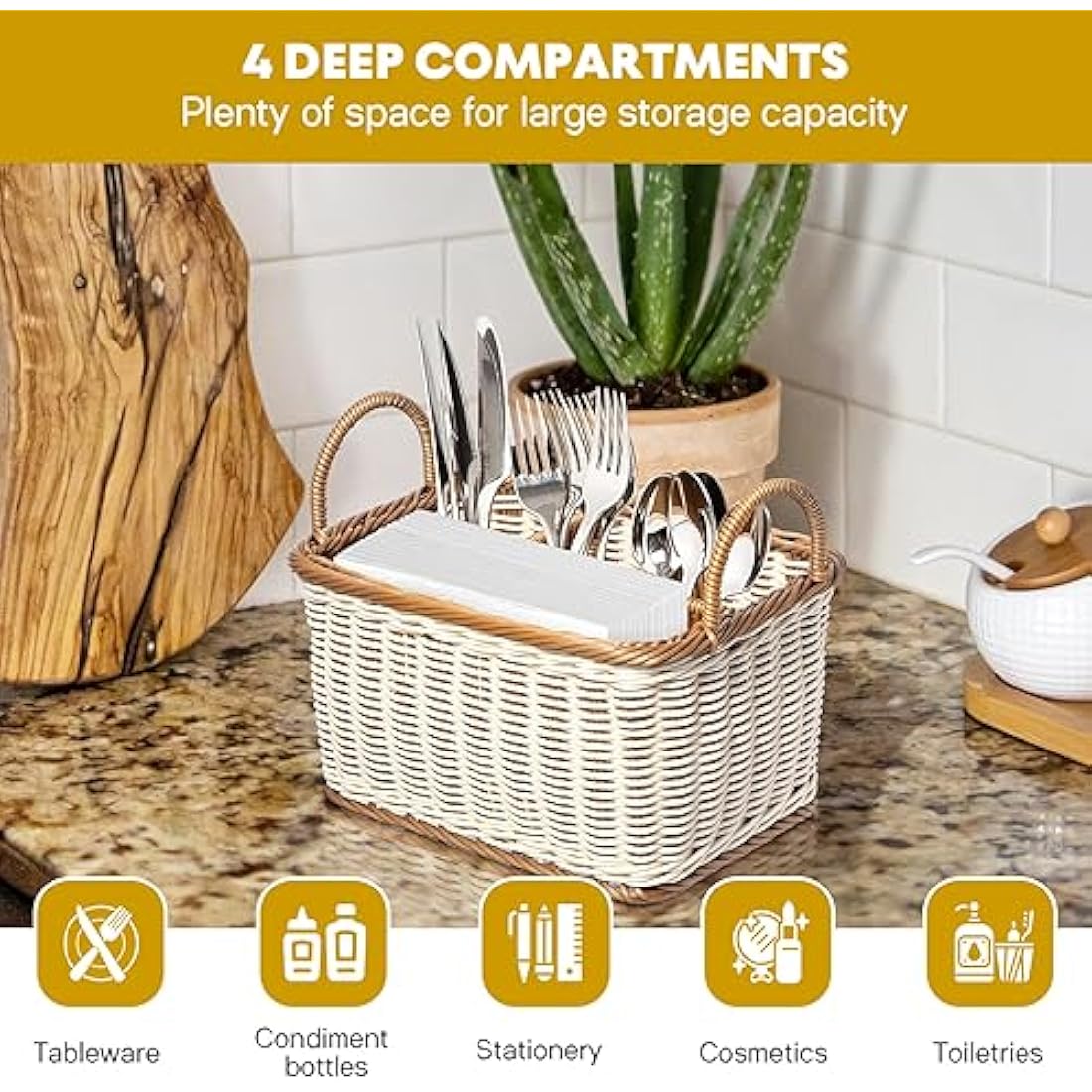 HEMOTON Rattan Cutlery Holder, Woven Cutlery Basket for Table, Table Holder for Cutlery and Utensils with Handles and 4 Division Compartments, for Kitchen, Dining Room, Garden or Picnic