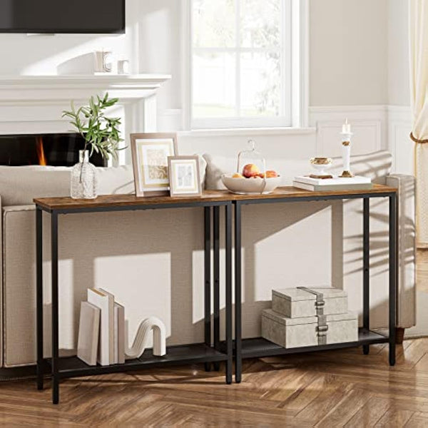 HOOBRO Slim Console Table with Storage, Narrow Console Table for Hallway, Industrial Hallway Table, Slim Sofa Table for Living Room, Bedroom, Rustic Brown and Black EBF74XG01