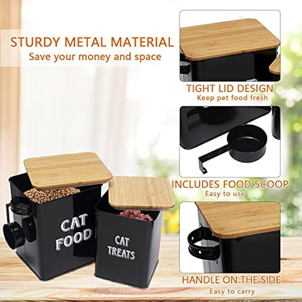 Pet Food and Treats Containers Set with Scoop for Cats or Dogs - Beige Powder-Coated Carbon Steel - Tight Fitting Wood Lids - Storage Canister Tins - Cat Food - Black