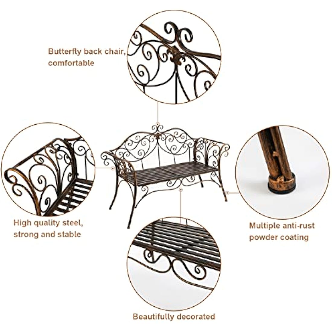 HLC Metal Antique Garden Benches Clearance Outdoor wrought iron Bench 2 Seat with Decorative Cast Iron Backrest Iron Cast Aluminium Bench for Garden,Patio, Porch and Yard Max 250kg (Brown)