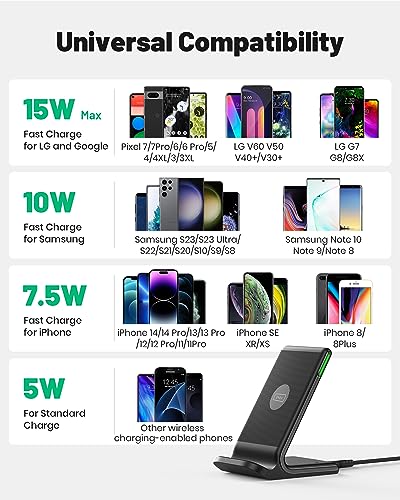 INIU Wireless Charger Stand, 15W Qi Fast Charging Dock Phone Charger, Adaptive LED Wireless Charging Station for iPhone 16 15 14 13 12 11 9 8 XR, Samsung S22 S21 S10 S9, LG V40 G8, Pixel 8 7 6 etc.