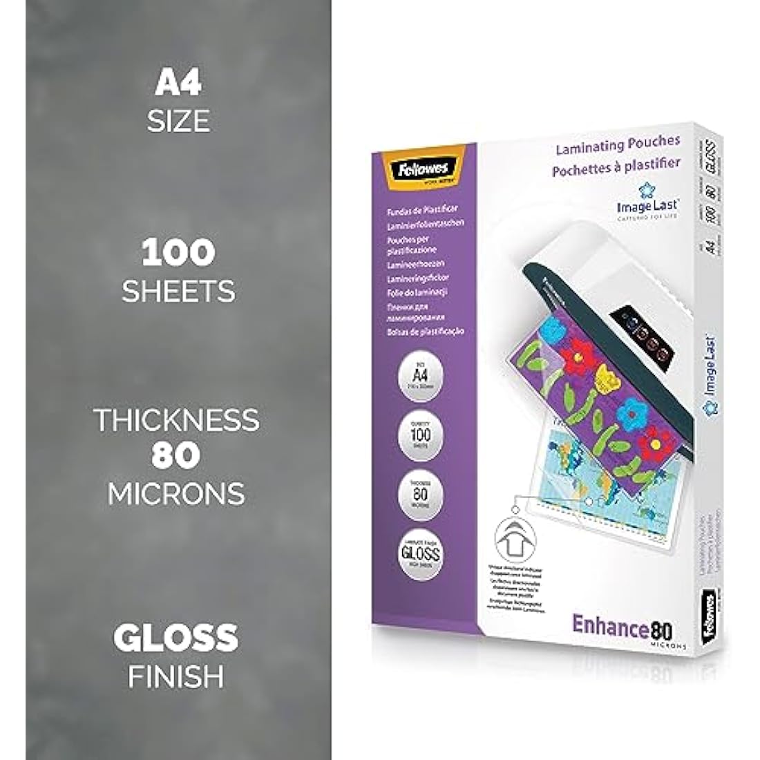 Fellowes A4 Laminating Pouches, Gloss, 160 Micron (2 x 80 Micron) with Image Last Directional Quality Mark, Pack of 100, Transparent