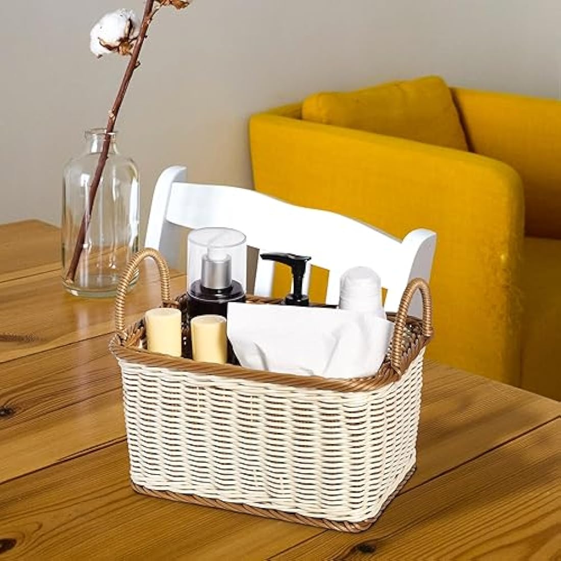 HEMOTON Rattan Cutlery Holder, Woven Cutlery Basket for Table, Table Holder for Cutlery and Utensils with Handles and 4 Division Compartments, for Kitchen, Dining Room, Garden or Picnic