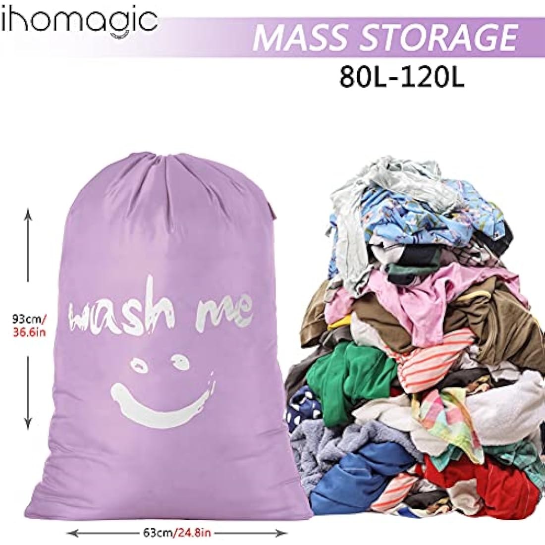 IHOMAGIC Extra Large Laundry Bag with Drawstring, Jumbo Size Washing Bag - Foldable Clothes Bag, Smile Durable Fabric Polyester Storage Bag for College Dorm Hotel Gym 61x92cm Purple