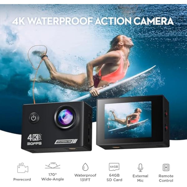 Yolansin 4K30FPS Action Camera with 64GB SD Card, Pre-recording 20MP Underwater Camera, 131FT Waterproof Cameras,2.4G Remote Control 170°Sports Camera, 2 Batteries Helmet Accessories Kit