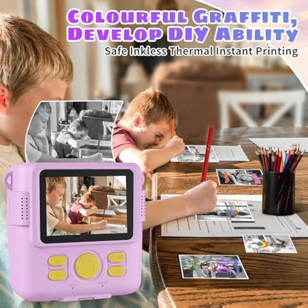 Instant Print Camera, Kids Camera Digital Camera 1080P HD Photo and Video Recording with 32G SD Card, 3 Rolls Photo Paper & Colour Pen for Age 6-12 Boys and Girls Birthday Chirstmas Gifts
