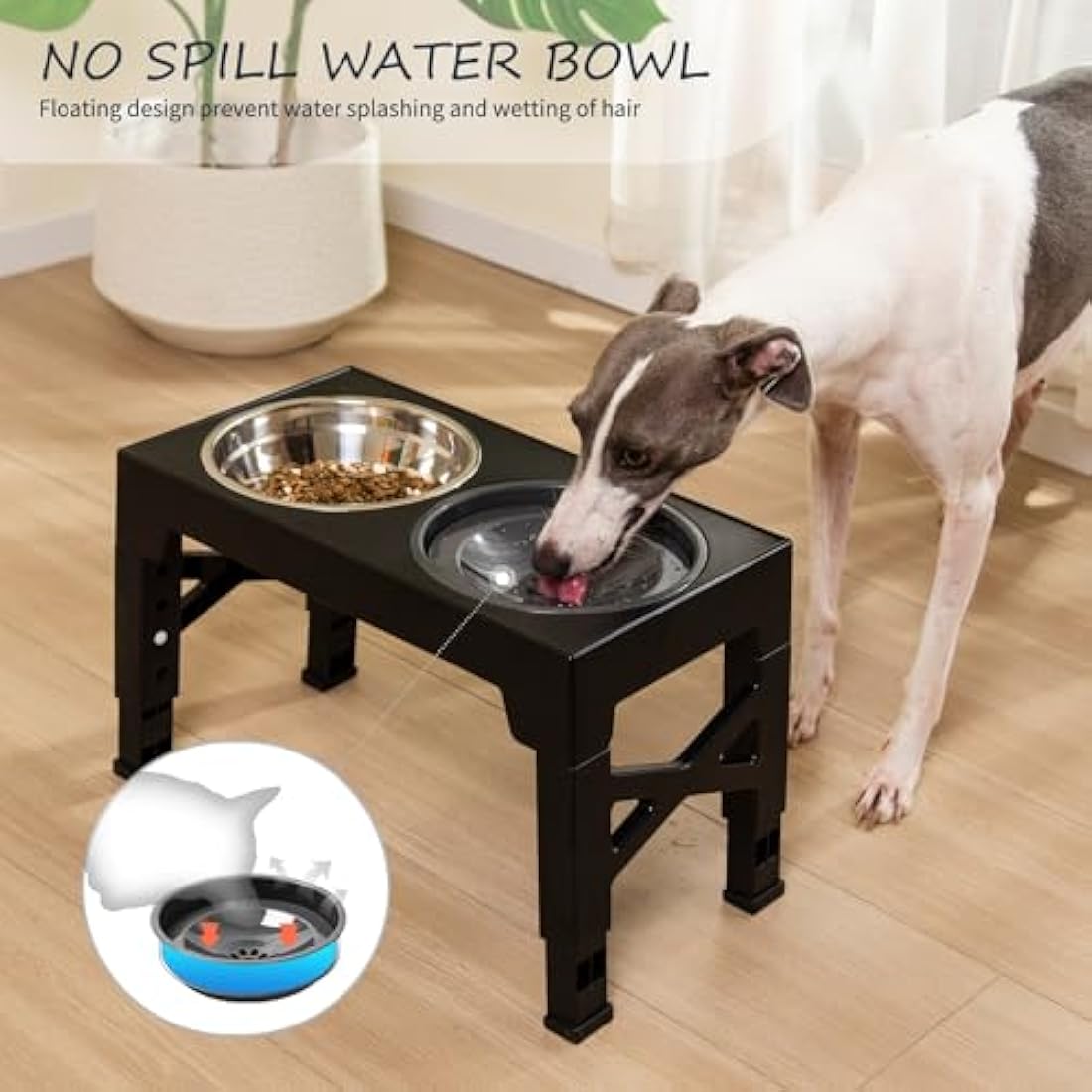 FOREYY Adjustable Elevated Dog Bowls with 2 Stainless Steel Bowls and 1 Float Bowl, Raised Dog Bowl 5 Heights, Non-Slip Dog Food water Bowl Stand for Small Medium Large Dogs(Gray)