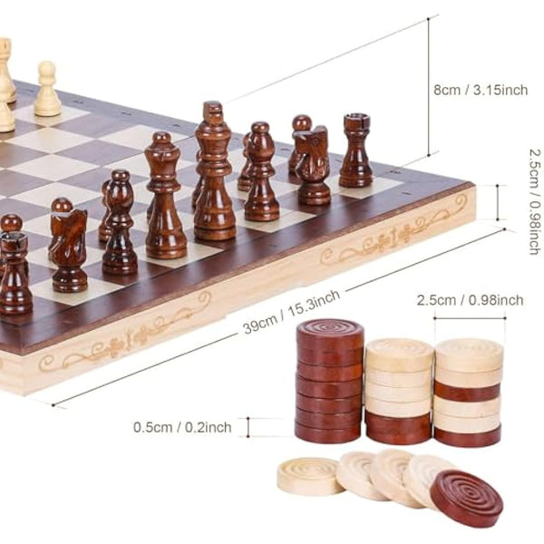 Syrace Magnetic Chess & Checkers Set Board Games, Wooden Foldable Hand Carved Portable Travel Chess Board Game Sets with Game Pieces & Storage Slots 15.74"