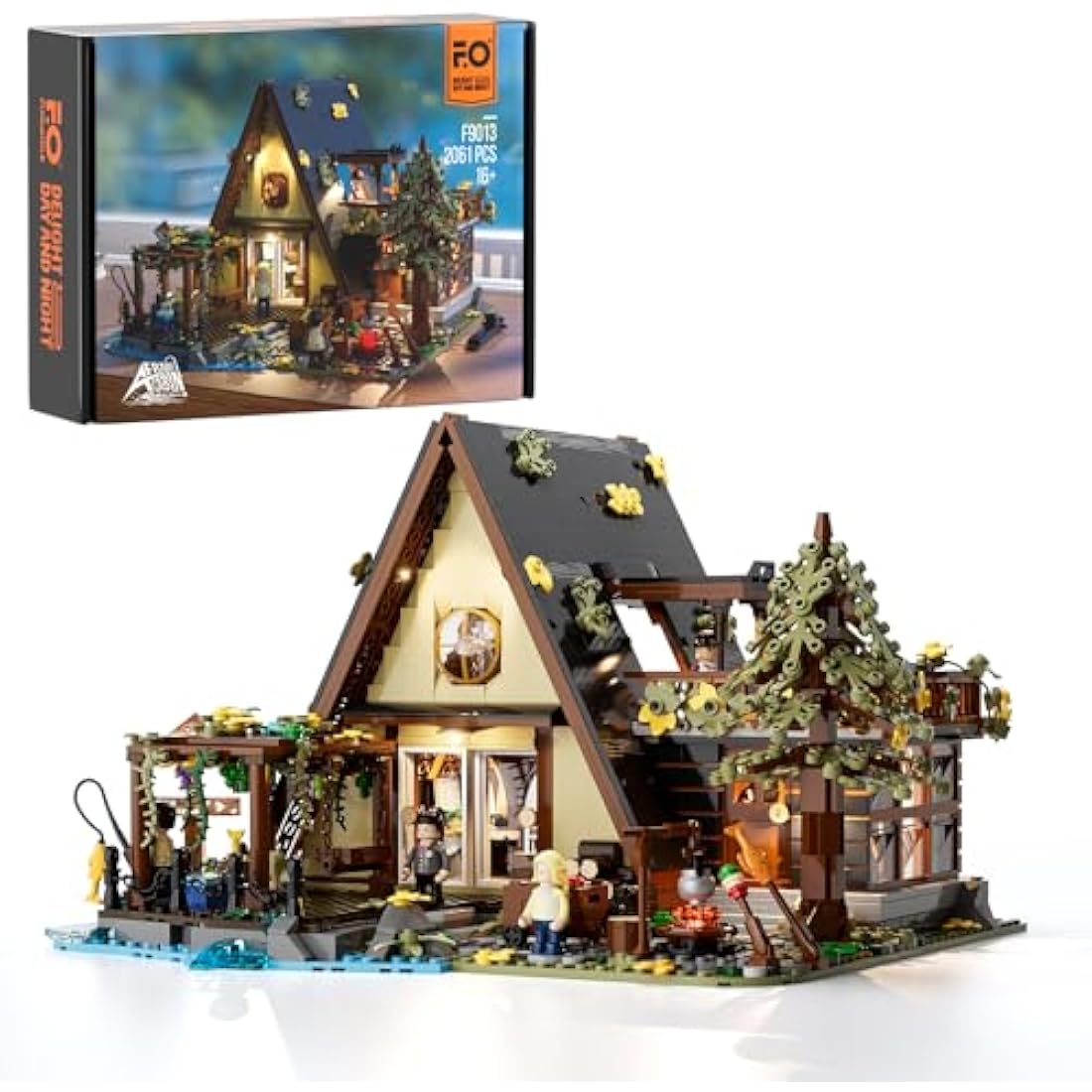 FUNWHOLE A-Frame Cabin Lighting Building Bricks Set – 2061 PCS Creative Nature Retreat Construction Model with LED Light for Adults & Teens | Alpine Chalet Style, Camping & Story Details