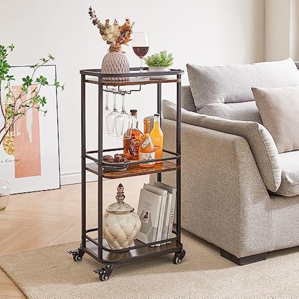 IBUYKE 3-Tier Home Bar Serving Cart,Kitchen Storage Carts With Wheels,11.79x15.72x33.01 inches,Rolling Mini Bar Cart for Home, Outdoor, Kitchen, Bedroom, Living Room TMJ319H