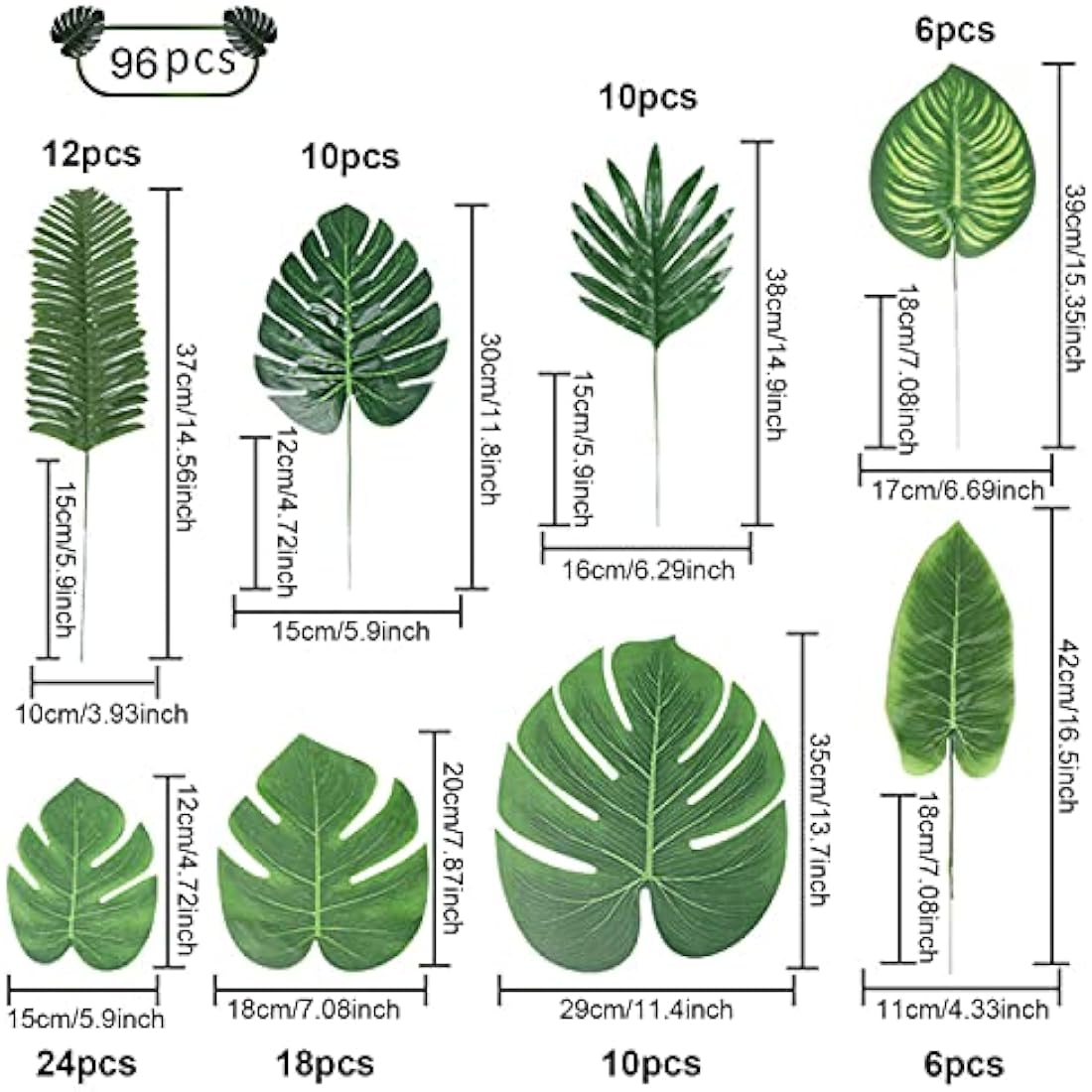 96PCS of 8 Kinds Artificial Tropical Leaves,Jungle Party Decorations,Fake Monstera Leaves,Tropical Plant Faux Leaves For Hawaiian Luau Theme Beach Party Table Wedding Christmas Decor