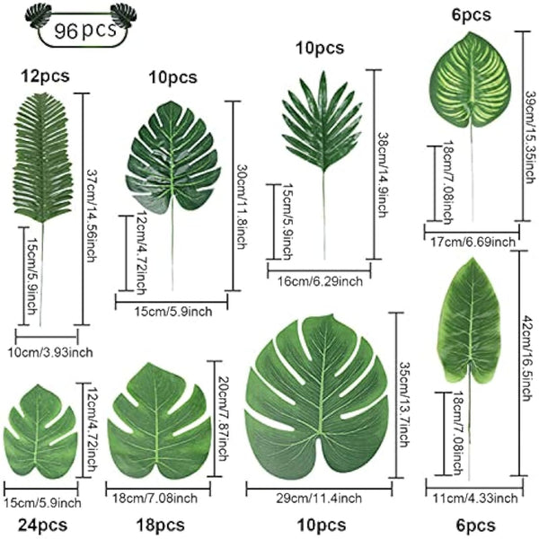 96PCS of 8 Kinds Artificial Tropical Leaves,Jungle Party Decorations,Fake Monstera Leaves,Tropical Plant Faux Leaves For Hawaiian Luau Theme Beach Party Table Wedding Christmas Decor