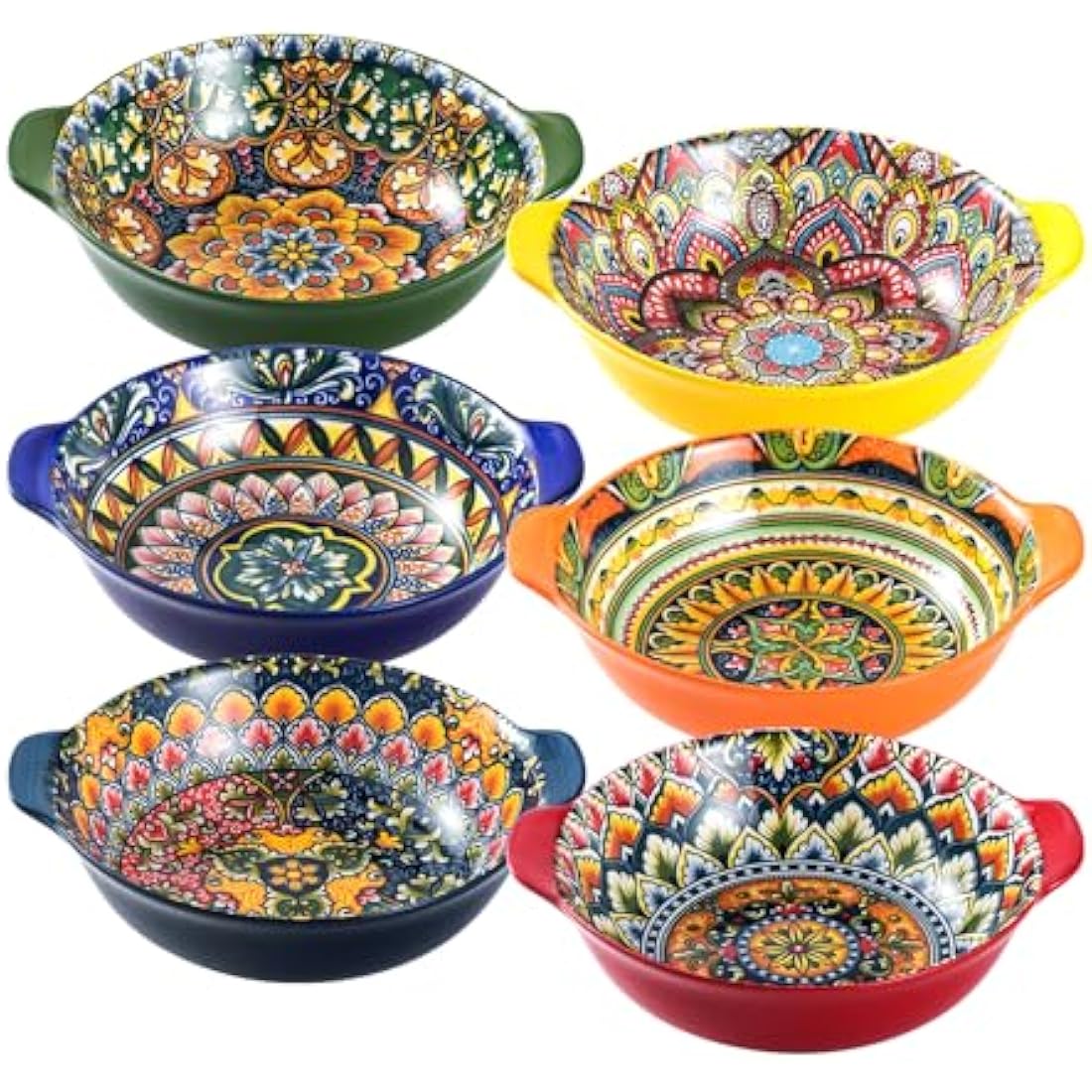 Henten Home Bowls Set, Porcelain Salad Bowl with Handles, Colorful Serving Plates 6pcs - 17.5Oz, Ceramic Bowls for Cereal Soup Salad - Bohemian Style
