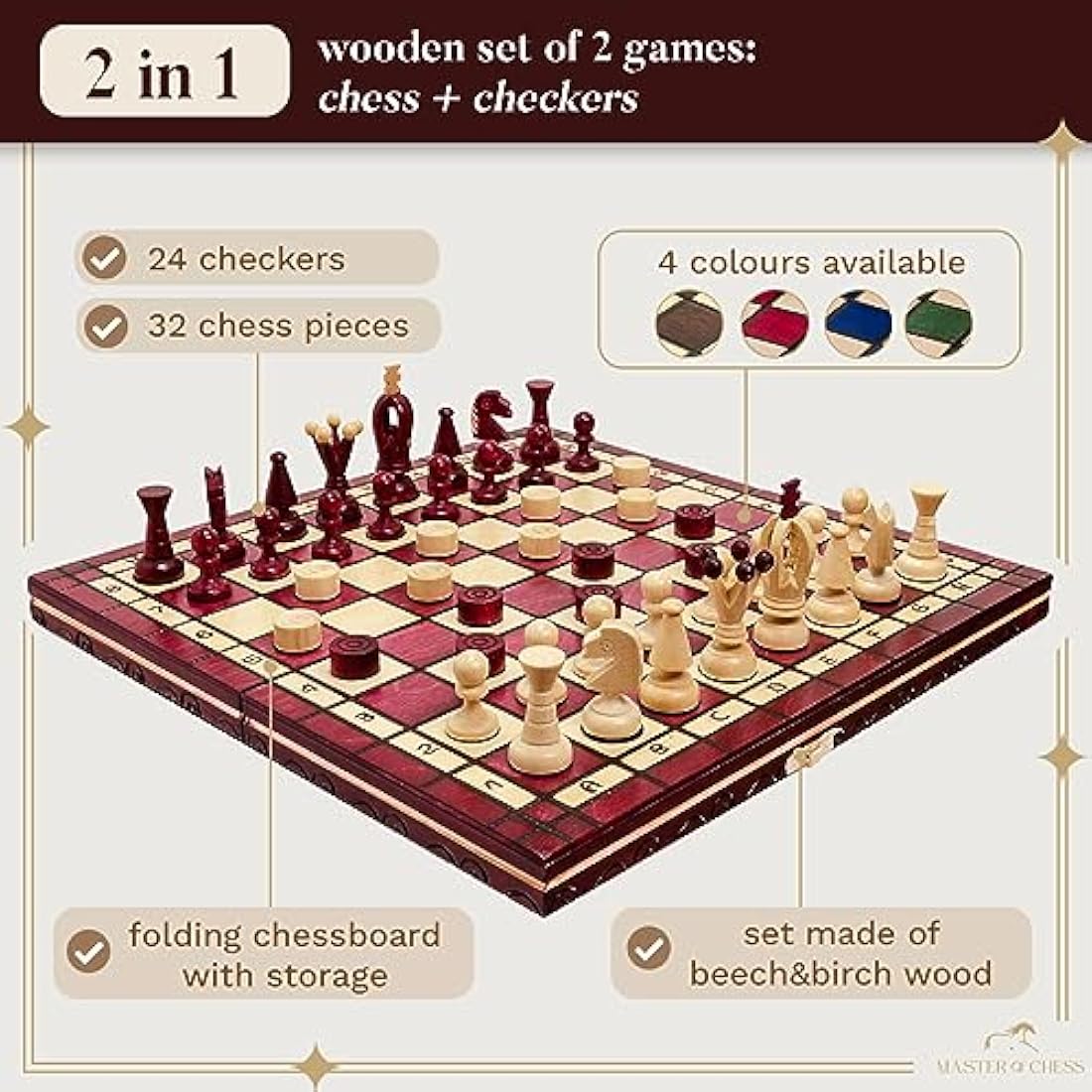 GREAT KINGDOM Chess and Checkers Set | Master of Chess Red Chess Set | Chess Board 35cm Chess Set for Adults and For Kids - Handmade Portable Chess and Drafts/Draughts Set