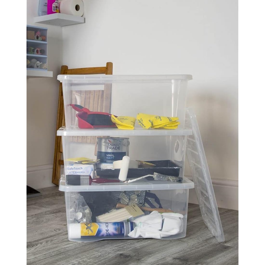 4 x 45L Plastic Storage Boxes Crystal Clear Box & Lid Suitable for all around the Home Office and Workplace Stackable Nestable Large Strong Boxes – 60 x 40 x 25 cm