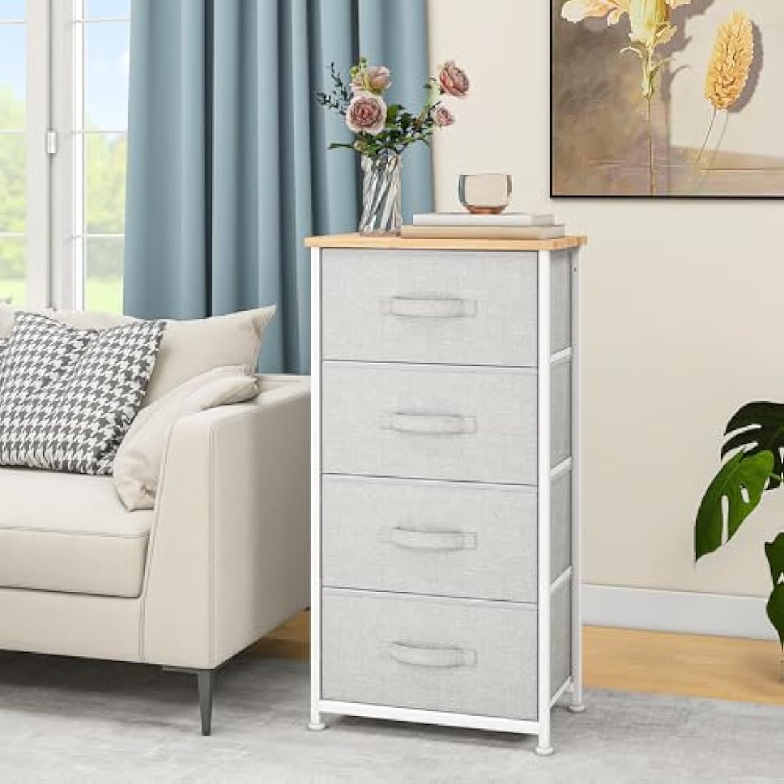 DWVO Chest of Drawers, 4 Fabric Drawers Bedroom Cabinet,Dresser for Bedroom,Living Room With Handles,Wood Top and Sturdy Steel Frame,Light Grey