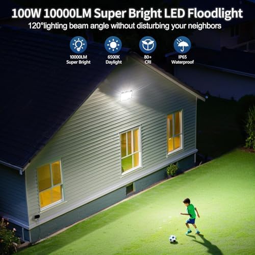 TASINUO 100W LED Floodlight Outdoor 2 Pack, 10000LM Outdoor Security Lights, IP67 Waterproof LED Spot Lights 7000K Daylight LED Flood Lights for Garden Yard Garages Warehouse Patio Billboard