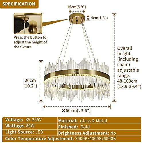AOOCHOK Modern Crystal Chandelier Gold Ceiling Lights, LED Pendant Light Round, Crystal Hanging Lamp for Living Room, Dining Room, Bedroom, Restaurant, ∅60 cm