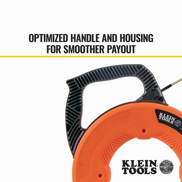 KLEIN TOOLS 56382 Fish Tape, Multi-Groove Fiberglass Wire Puller with Nylon Tip, Optimized Housing and Handle,Orange/Black, 15 m