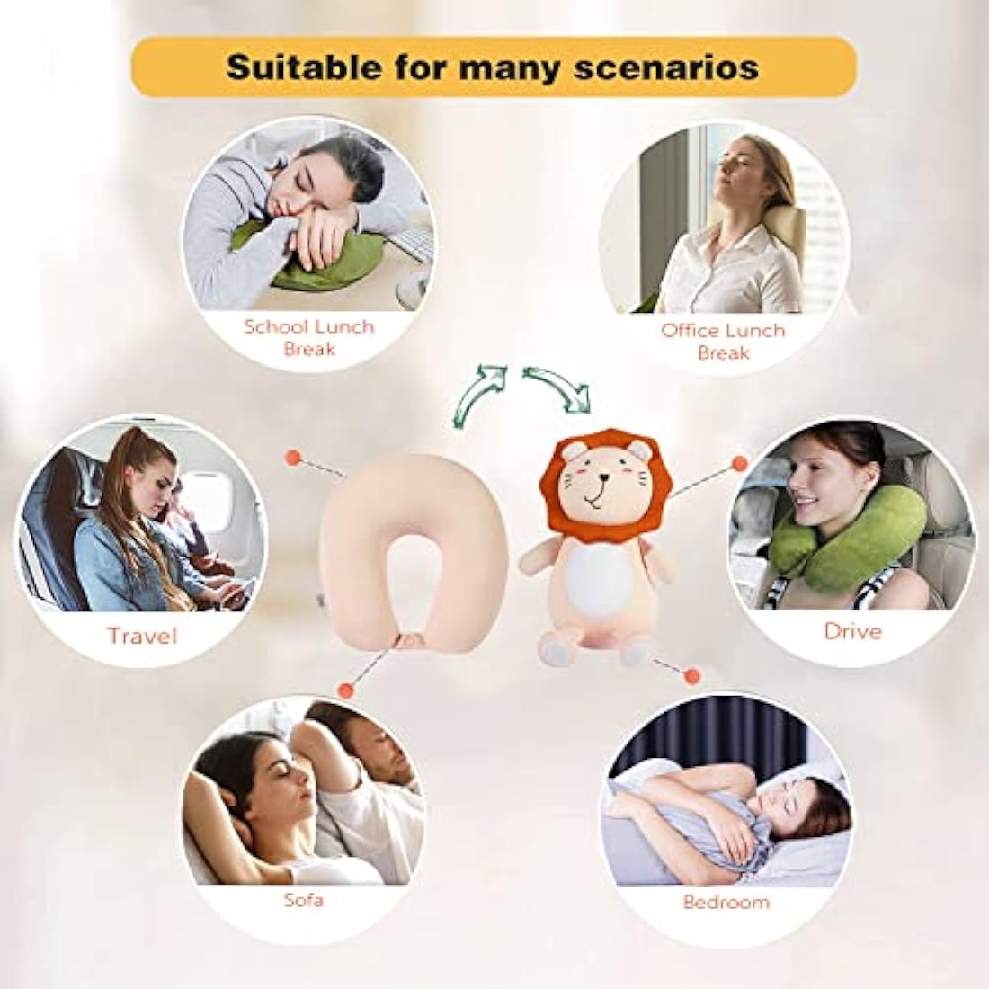 JOYRAVO 2-in-1 Travel Pillow for Kids - Soft and Adorable Animals Plushie That Converts into a U-Shaped Neck Pillow for Ultimate Comfort During Airplane, Train, Bus Trip -Pink Lion