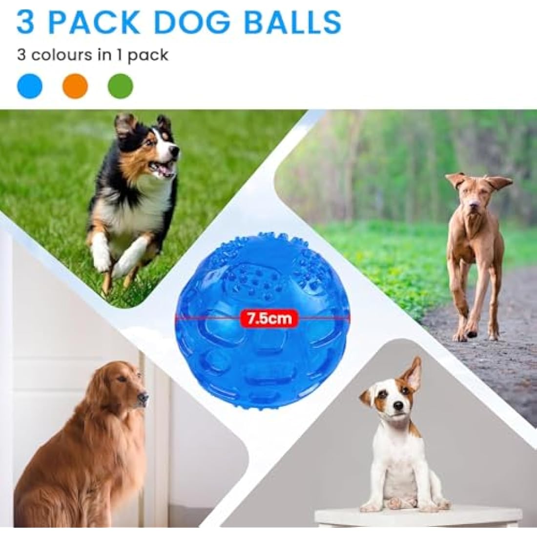 PETTOM Dog Ball Squeaky Toy, Small Dog Chew Toys Balls Waterproof Floating Bouncy Rubber Ball with Squeaky Sound for Training Swimming, 3 Packs (Orange,Blue,Green)