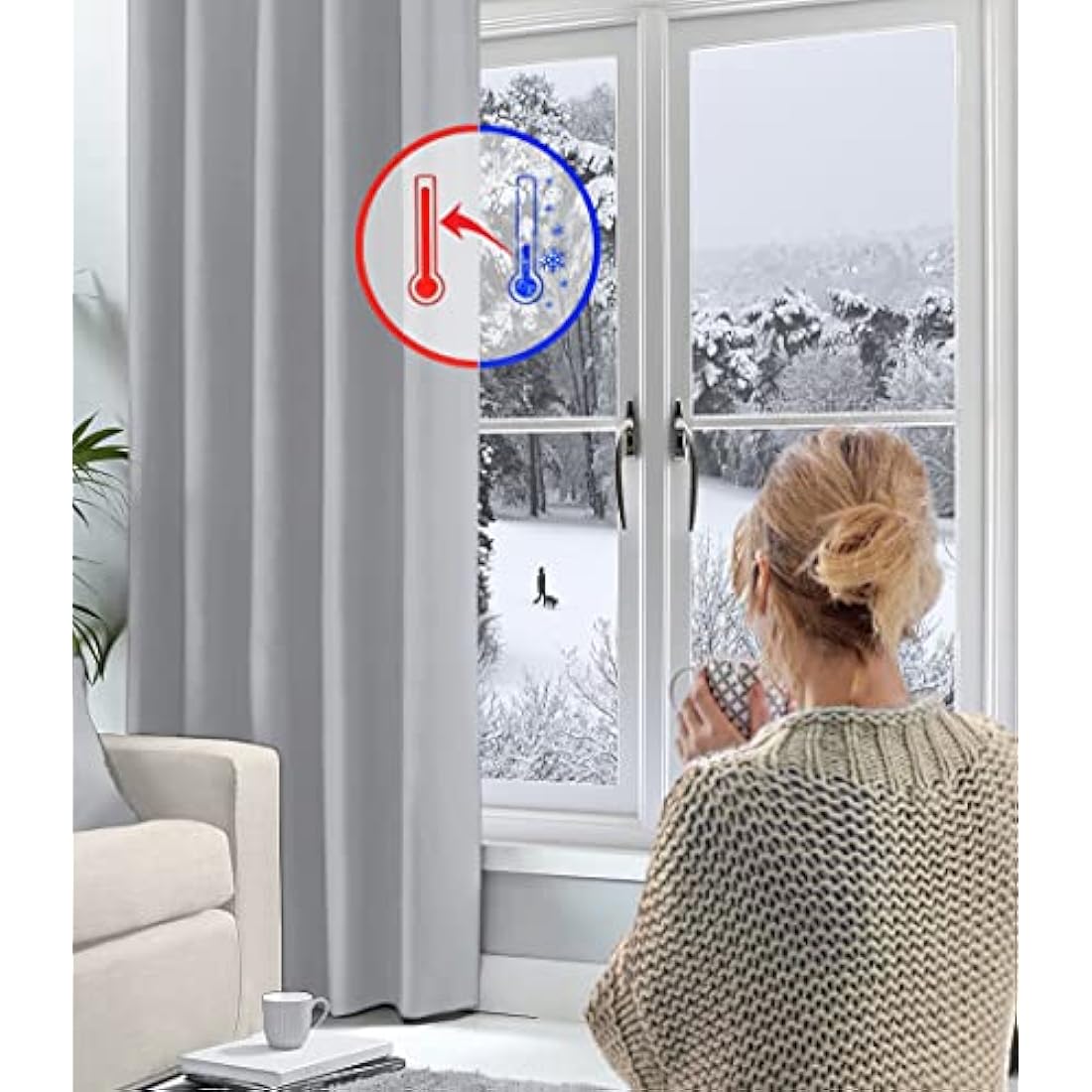 Hachette Thermal Blackout Curtains Eyelet Ring Top Including Pair of Tiebacks (Silver Grey, 90" X 90")