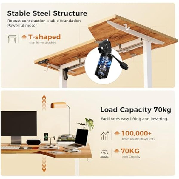 Agilestic L-Shaped Electric Standing Desk, 140cm Height Adjustable Sit-Stand Desk for Home Office, Ergonomic Computer Desk with Spliced Board, Light Brown