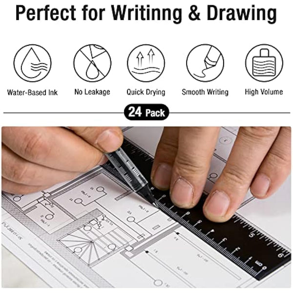 AKARUED Rollerball Pens 24 Pack Black Gel Pens, 0.5mm Liquid Ink Rollerball Pen, Quick-Drying Ballpoint Pens Writing Pens for Bullet Journal, Notebook. School & Office Accessories for Students Adults