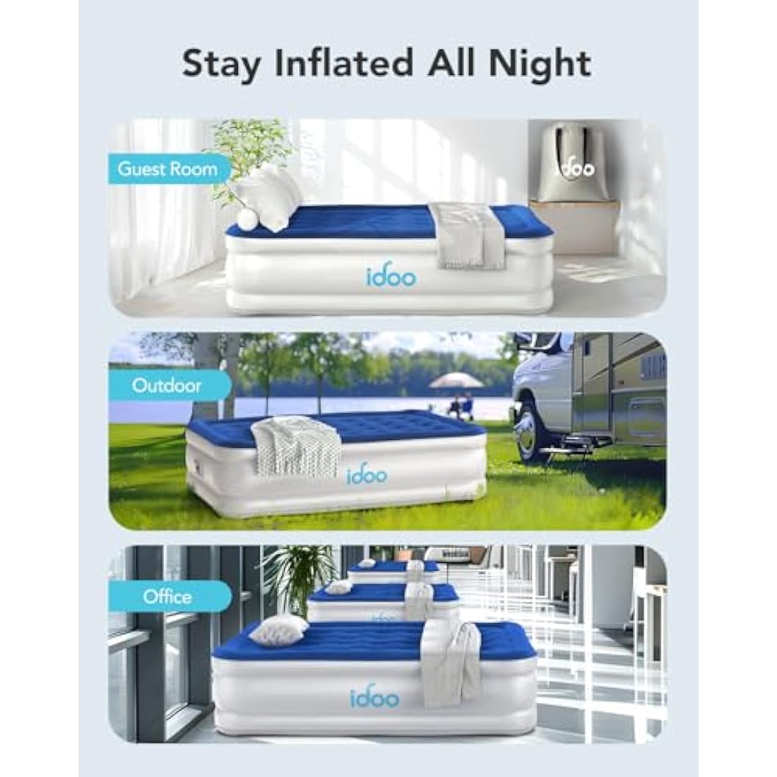 iDOO Inflatable Air Mattress, Air Bed with Built-in Electric Pump, Double Airbed with Storage Bag, Self Inflating Blow Up Camping Bed for Adults, Portable for Guest Home 190x137x38cm