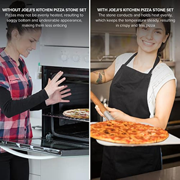 Joeji's Kitchen Pizza Stone & Peel Shovel Set - 30 x 38cm Rectangular Cordierite Stone for Oven BBQ - Aluminium Peel with Removable Wooden Handle