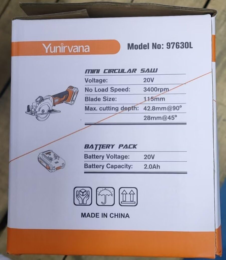 Yunirvana Mini Circular Saw, 20V 3400RPM Professional Cordless Circular Saw, Adjustable Angle and Depth,Max Cutting Depth 42.8mm (90°), 28mm(45°),Laser Guide,Blade 115mm