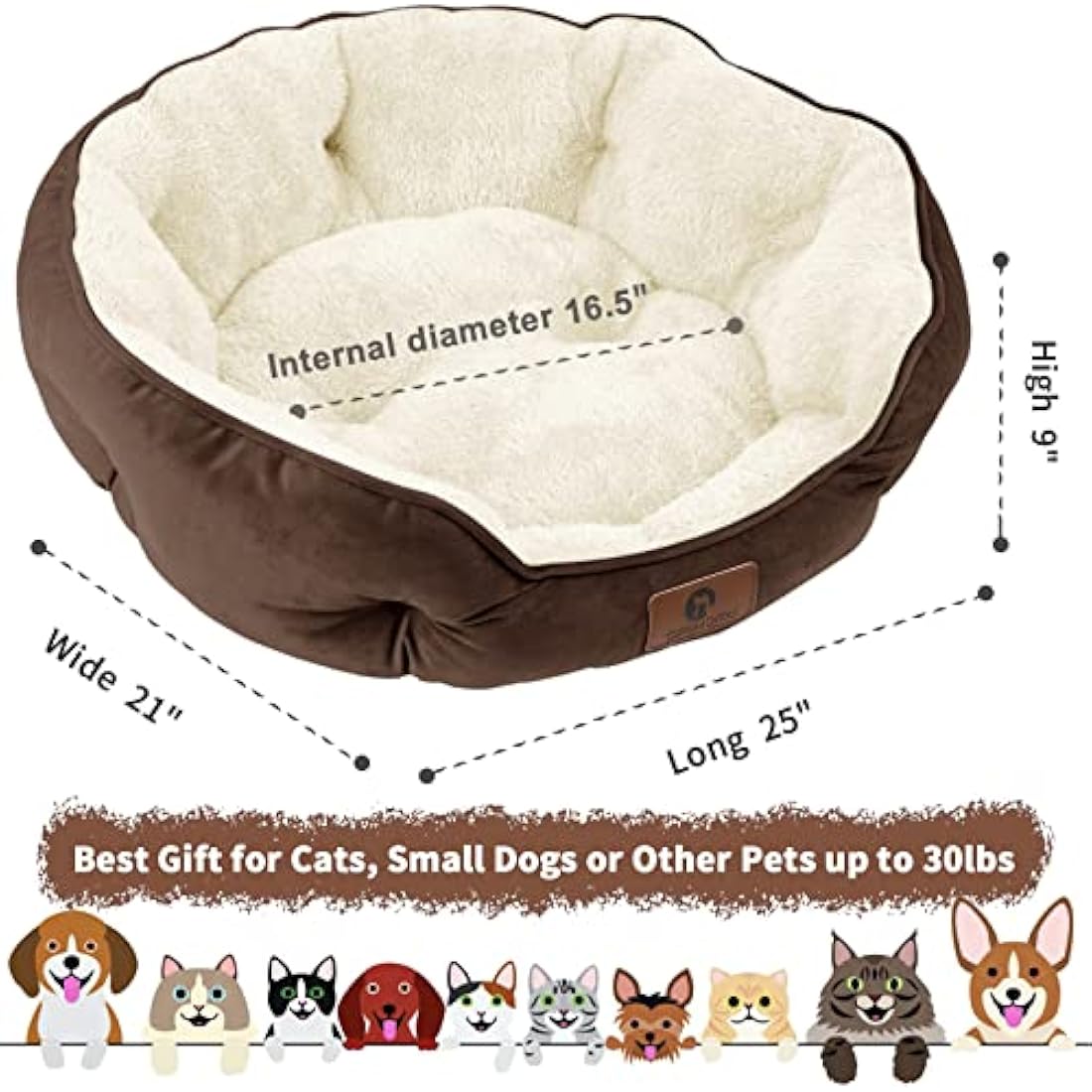 Asvin Medium Dog Bed for Medium Dogs, Large Cat Beds for Indoor Cats, Pet Bed for Puppy and Kitty, Extra Soft & Machine Washable with Anti-Slip & Water-Resistant Oxford Bottom, Brown, 25 inches