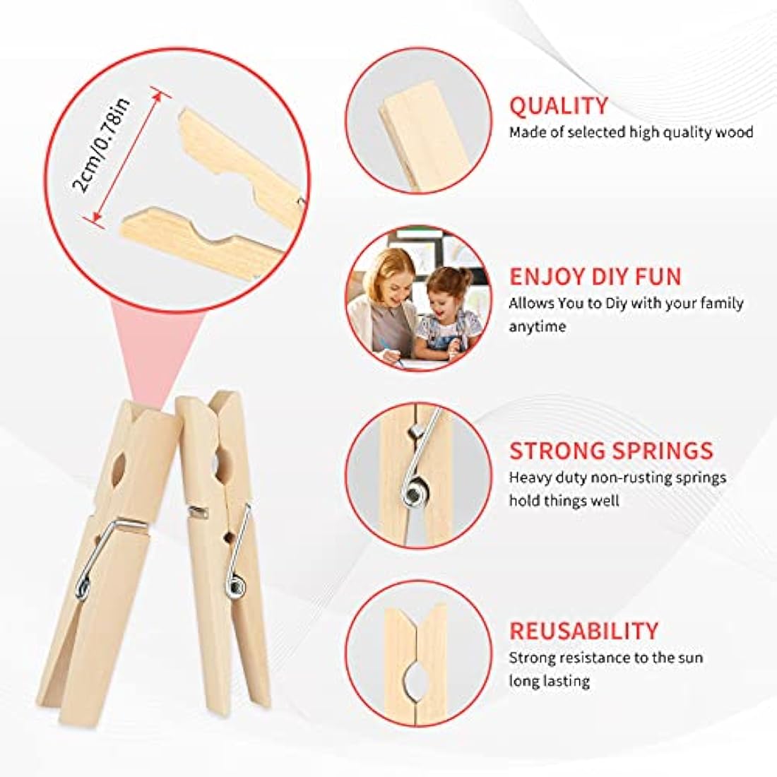 jijAcraft 100PCS Wooden Pegs 7.2CM: Clothes Pegs for Washing Line, Wooden Washing Peg for Arts and DIY Crafts, Strong Laundry Peg for Hanging Photo, Socks, Baby Clothes, Outdoor Indoor