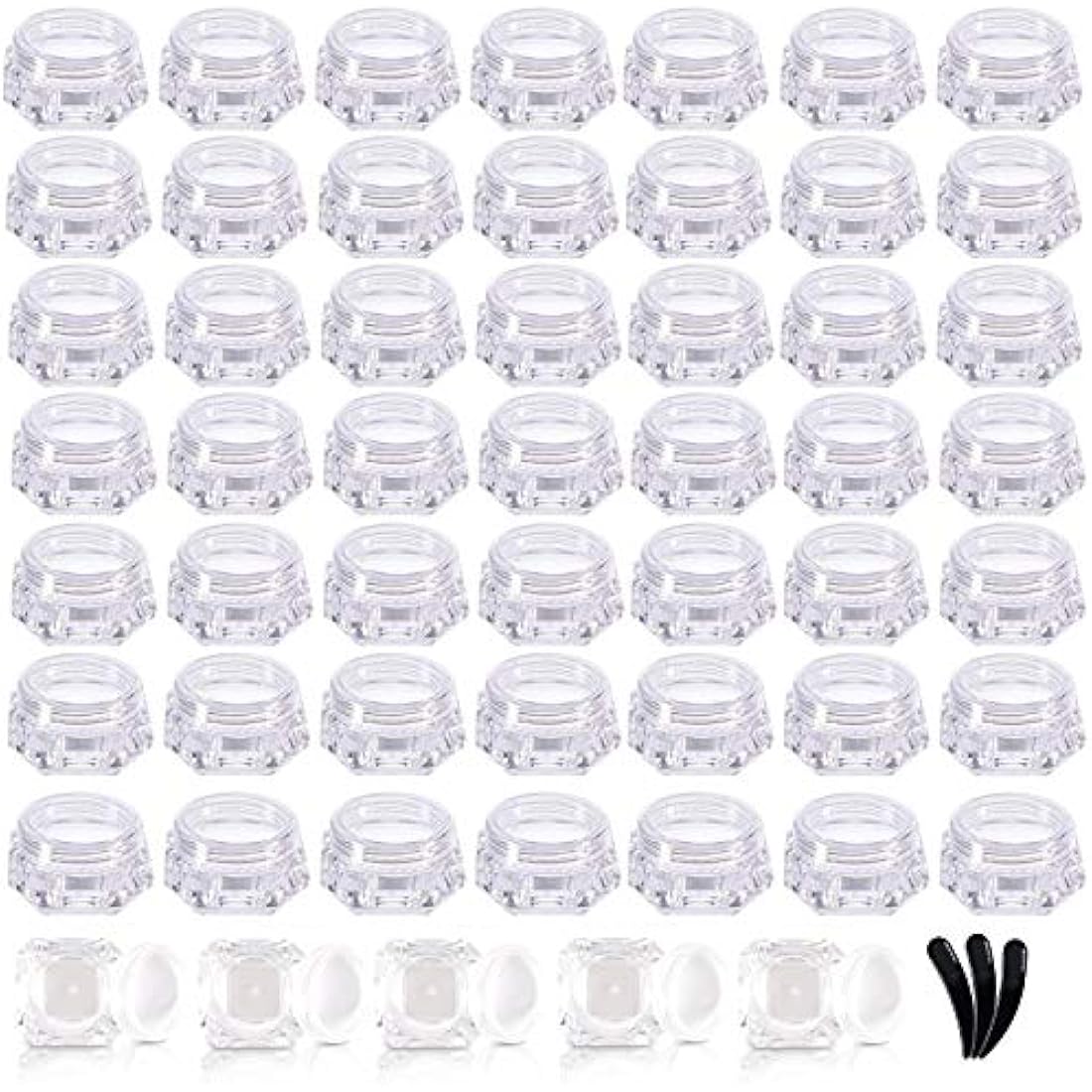 50 Pcs 5g Empty Cosmetics Container Pots Transparent Travel Plastic Jars Diamond Shape with Clear Screw Lids for Cream, Sample, Powder, Makeup Storage, Includes 3 Pack Mini Spatula by Yalbdopo