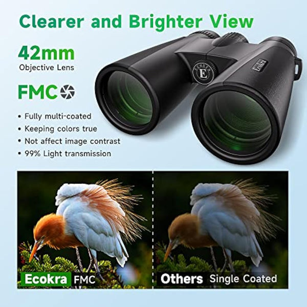 Ecokra 12x42 HD Binoculars for Adults, Super Bright High Power Compact Binoculars with Large View, Clear Low Light Night Vision, BAK4, FMC Prisms for Bird Watching Hunting Stargazing