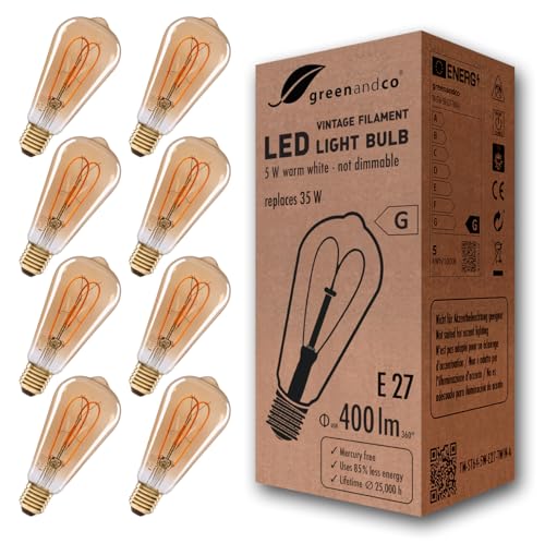 greenandco E27 ST64 LED Vintage Fflament Bulb 5W Replaces 35W 400lm 2000K Extra Warm White 360 230V, no Flicker, not dimmable, 8-Pack