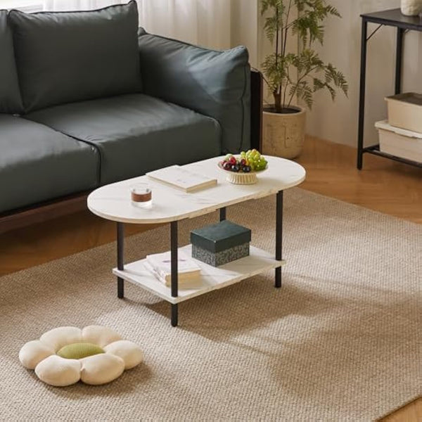 Aibiju Coffee Table, Small Living Room Table, Sofa Table with Wooden Legs and 2 Tier Storage for Living Room Home Office, 35x16x17inch White Faux Marble + Black, YD-011M