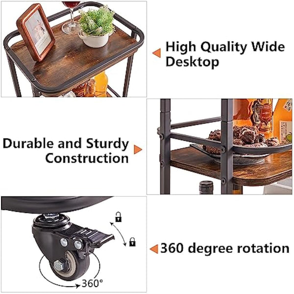 IBUYKE 3-Tier Home Bar Serving Cart,Kitchen Storage Carts With Wheels,11.79x15.72x33.01 inches,Rolling Mini Bar Cart for Home, Outdoor, Kitchen, Bedroom, Living Room TMJ319H