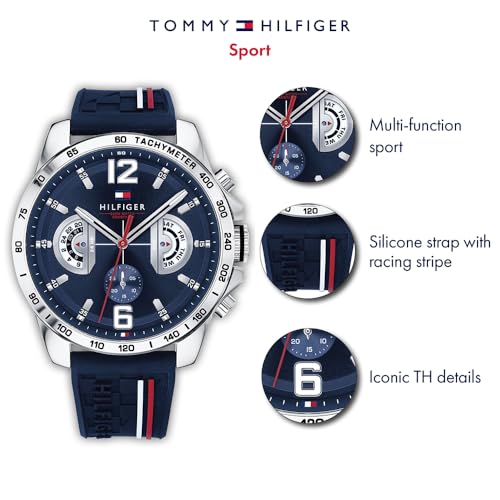 Tommy Hilfiger Analogue Multifunction Quartz Watch for Men with Silicone, Stainless Steel or Leather Bracelet, Day & Date Sub-Dials, 5ATM Water Resistant