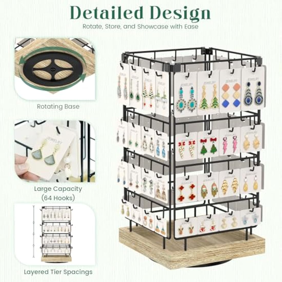 EsLuker.ly Rotating Earring Display Holder Stand for Vendors Events Selling, Large Capacity 64 Hooks Jewelry Rack with Wooden Base for Earring Card Sales, Enhances Retail Display Visibility