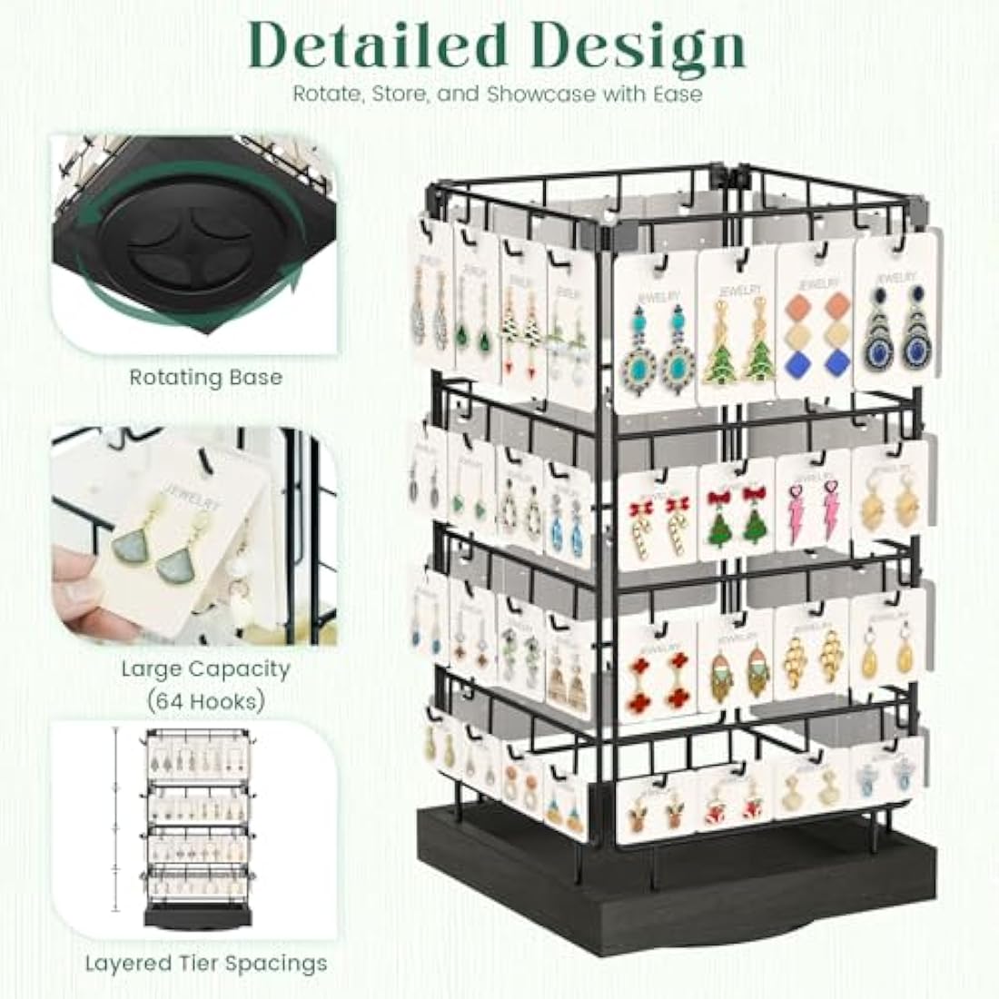 EsLuker.ly Rotating Earring Display Holder Stand for Vendors Events Selling, Large Capacity 64 Hooks Jewelry Rack with Wooden Base for Earring Card Sales, Enhances Retail Visibility (Black+Black)