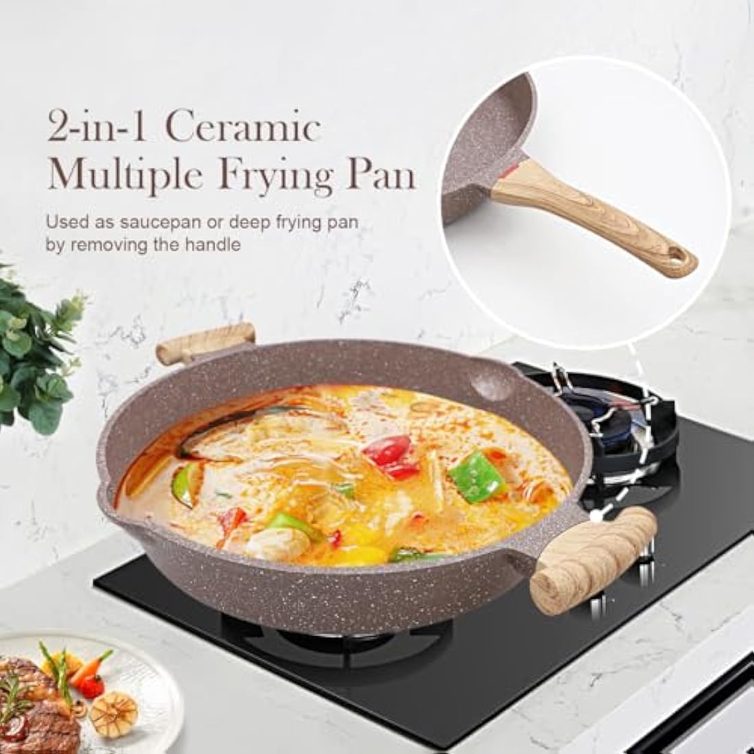AIKENBBKK 2-in-1 Ceramic Nonstick Deep Frying Pan Skillet, 32cm Frying Pan with Lid Healthy Ceramic Non-Stick Coating, PFOA/PTFE-Free- Brown