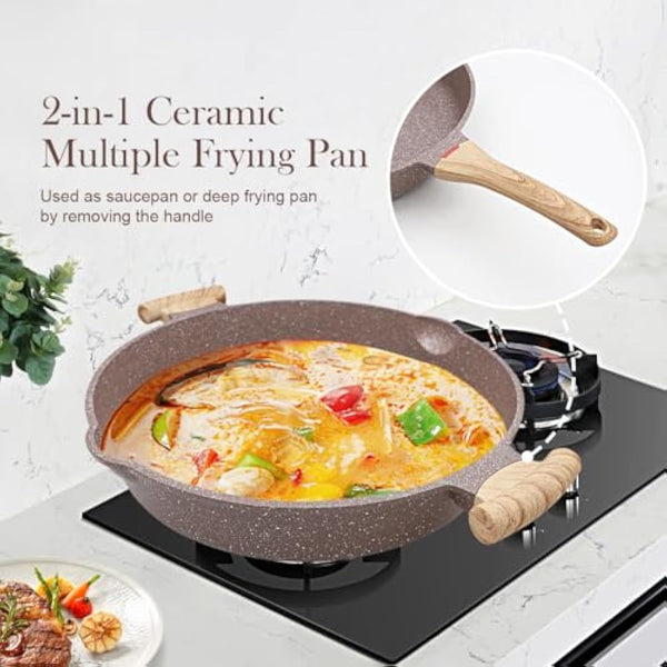 AIKENBBKK 2-in-1 Ceramic Nonstick Deep Frying Pan Skillet, 32cm Frying Pan with Lid Healthy Ceramic Non-Stick Coating, PFOA/PTFE-Free- Brown