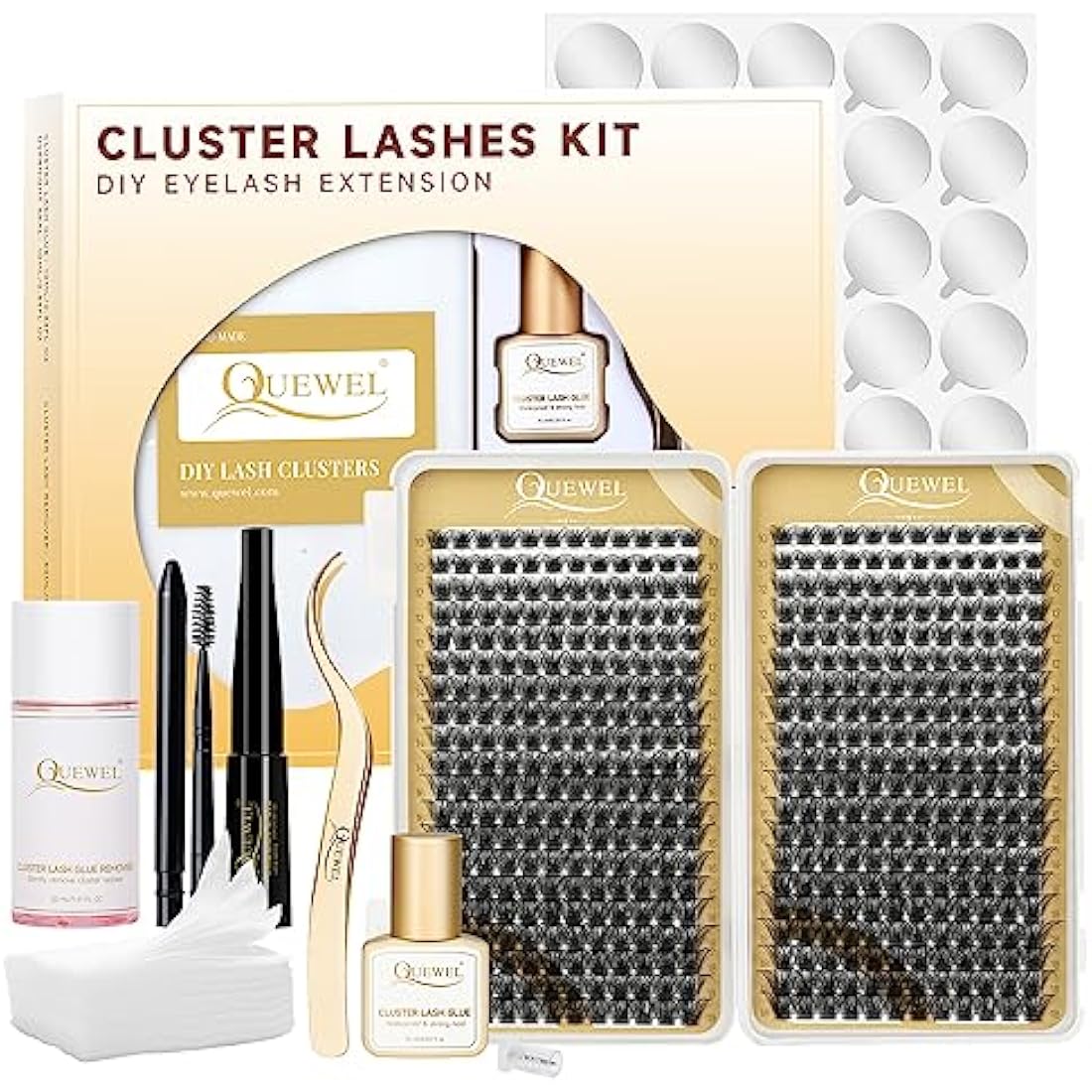 Individual Lashes 480 Cluster Lashes QUEWEL DIY Lash Extensions Kit, Eyelashes Applicator, Lash Cluster Glue Remover, Long-lasting Lash Glue and Overnightseal for Beginner to Apply(Mega D MIX)