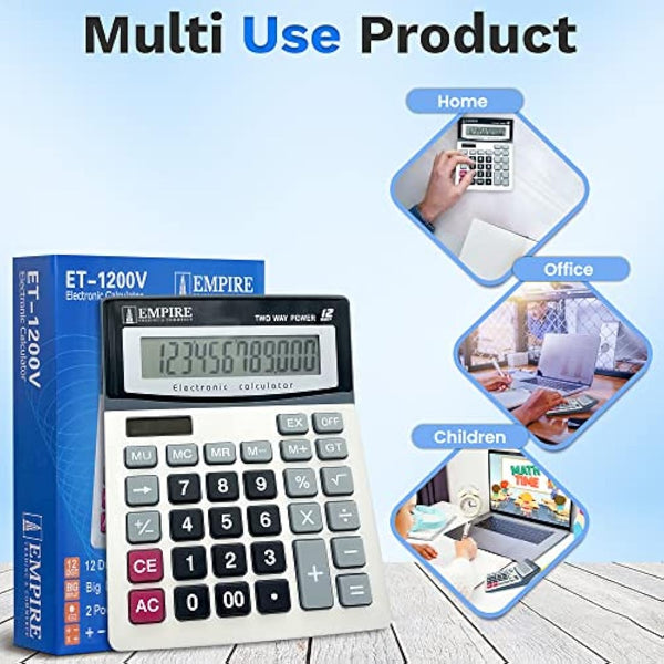 Empire Desk Calculator with Large Key Buttons, 12 Digits, Large Eye-Angled Display, Solar and Battery Powered for Home and Office (Included 2 Battery, 2 Pen and 1 Rubber)