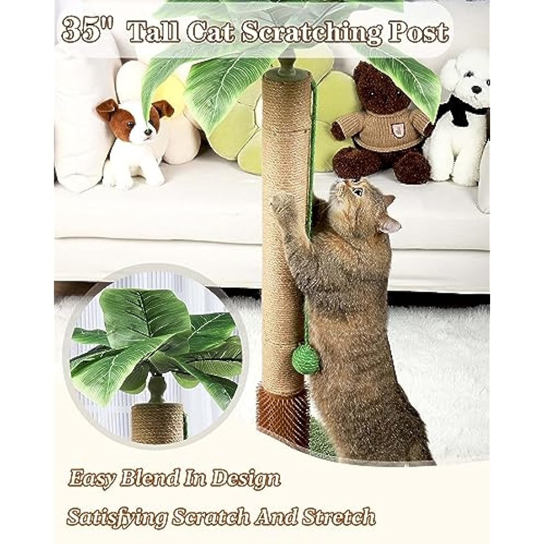 ANWA 35" Tall Cat Scratching Post for Kitten and Large Cats, Scratching Post for Indoor Cats with Self-Grooming Rubber Brush, Cat Sisal Post with Simulated Leaves, Green