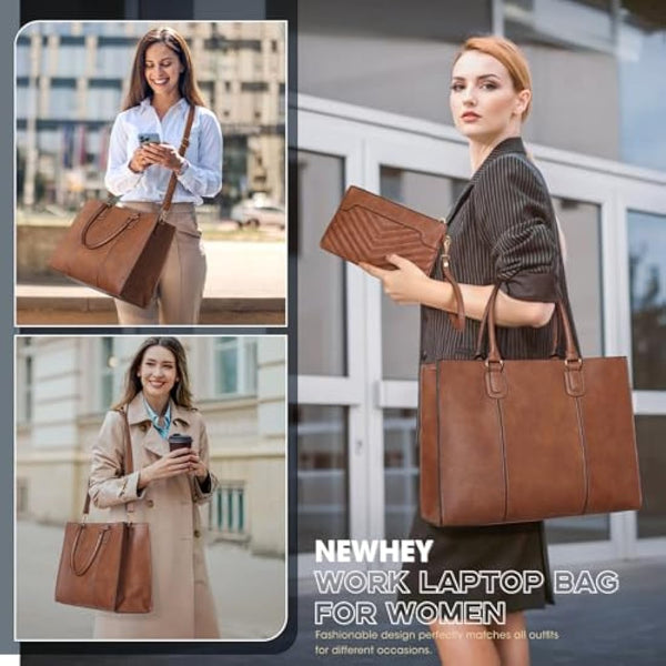 NEWHEY Laptop Bag for Women 15.6 Inch Large Work Tote Bag with Clutch Bag Designer PU Leather Briefcase Ladies Handbag with Laptop Pocket Messenger Shoulder Bag for School Office Travel Business